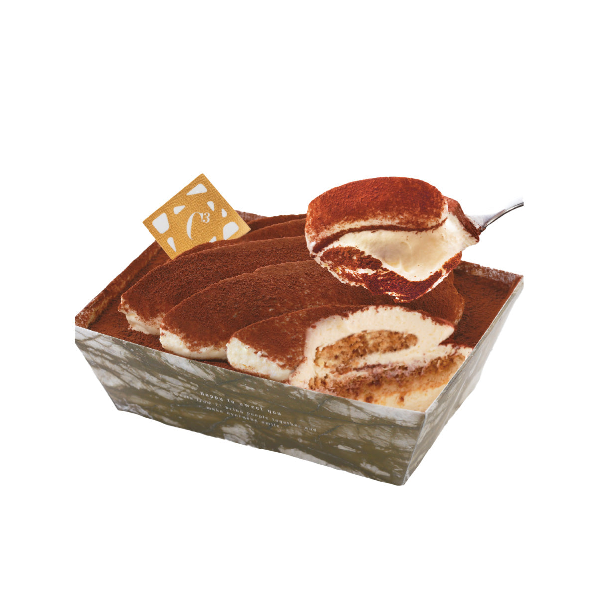 Frozen tiramisu dessert in clear tray, layered cocoa and cream with spoon
