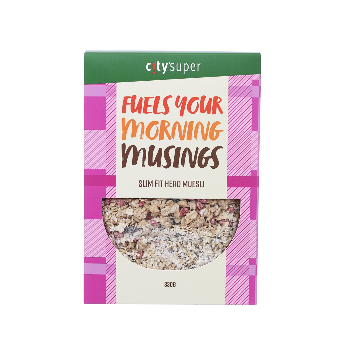 Muesli bag with green top and pink plaid, front window showing cereal mix