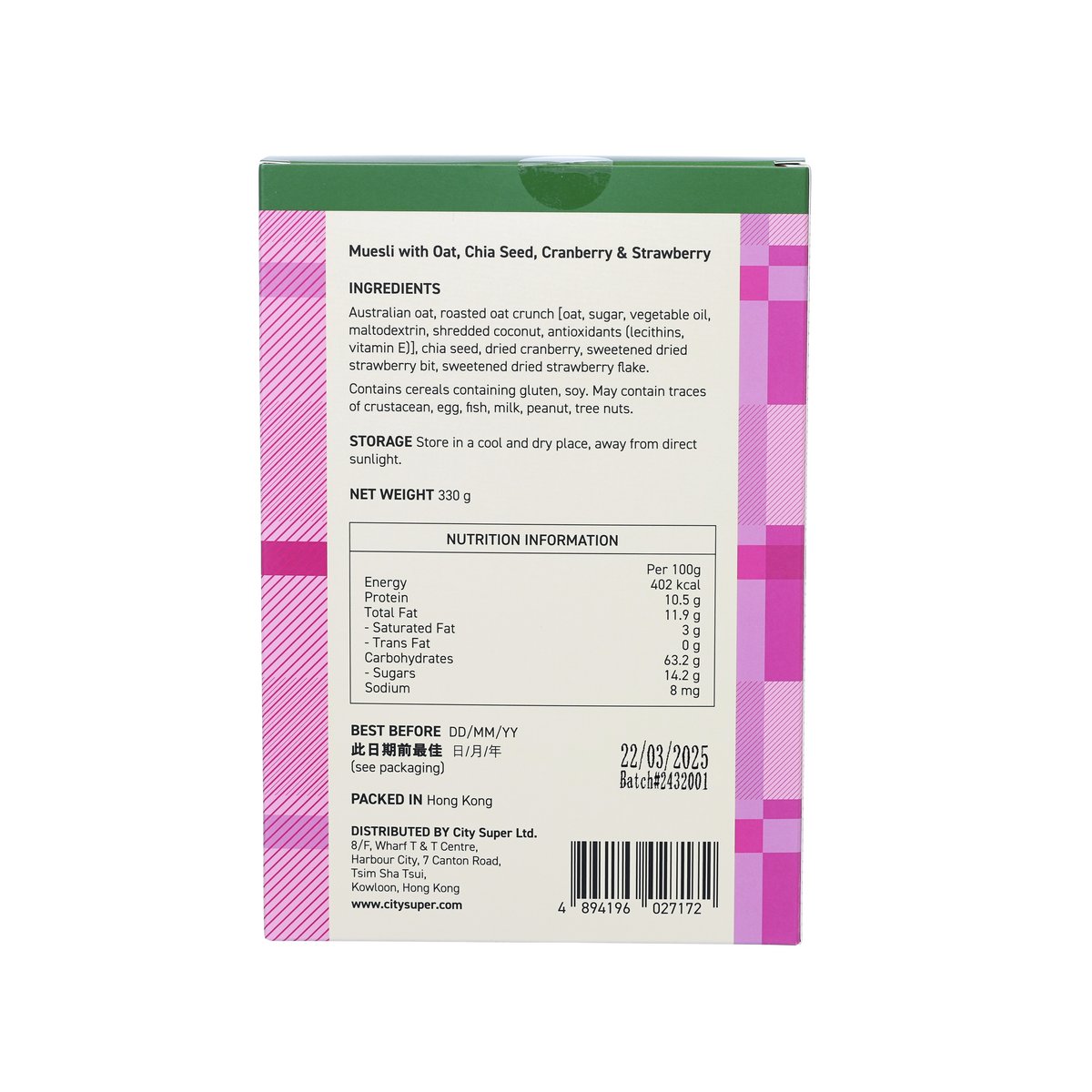 Muesli bag back panel with ingredients, nutrition chart, and barcode; pink plaid