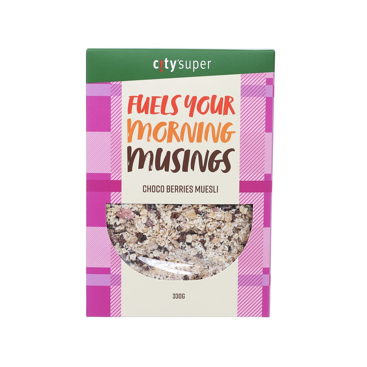 Chocolate berry muesli cereal pouch, 330 g, with front brand and flavor label