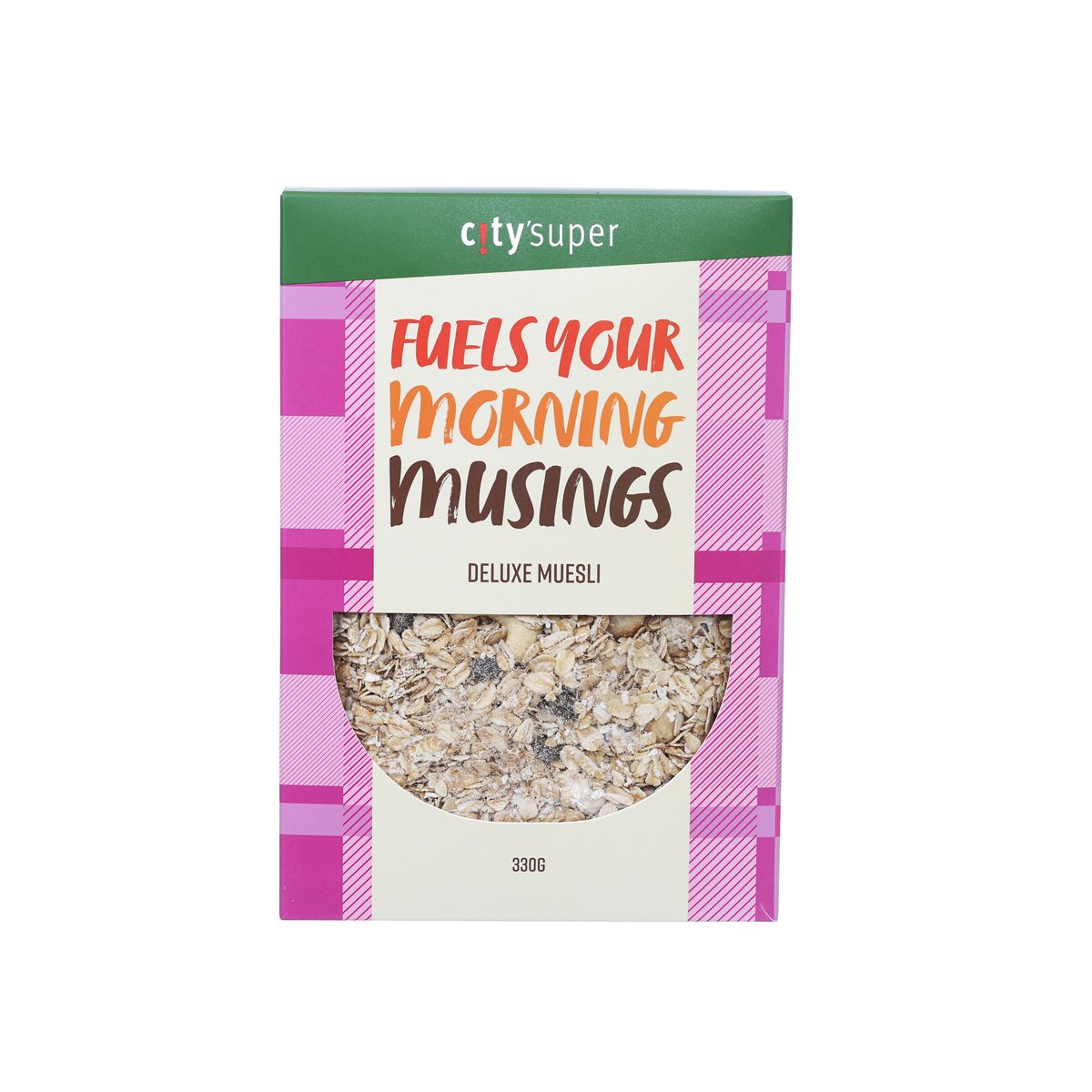 Deluxe muesli bag, 330 g, purple-and-green striped front with logo