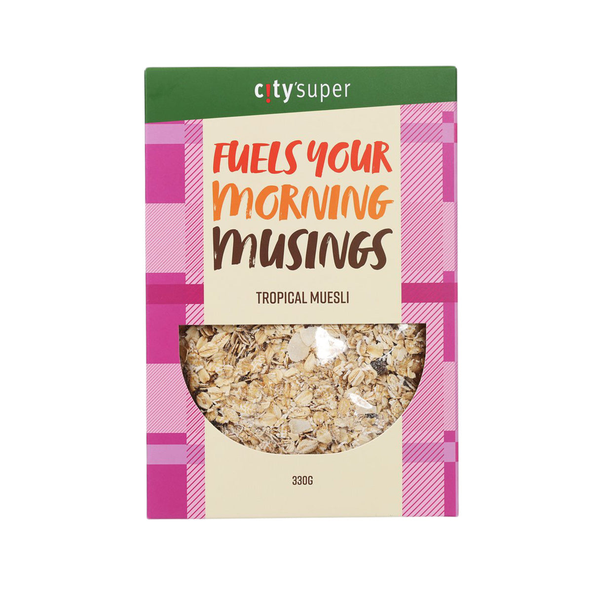 Tropical muesli cereal box, 330 g, front label with granola window