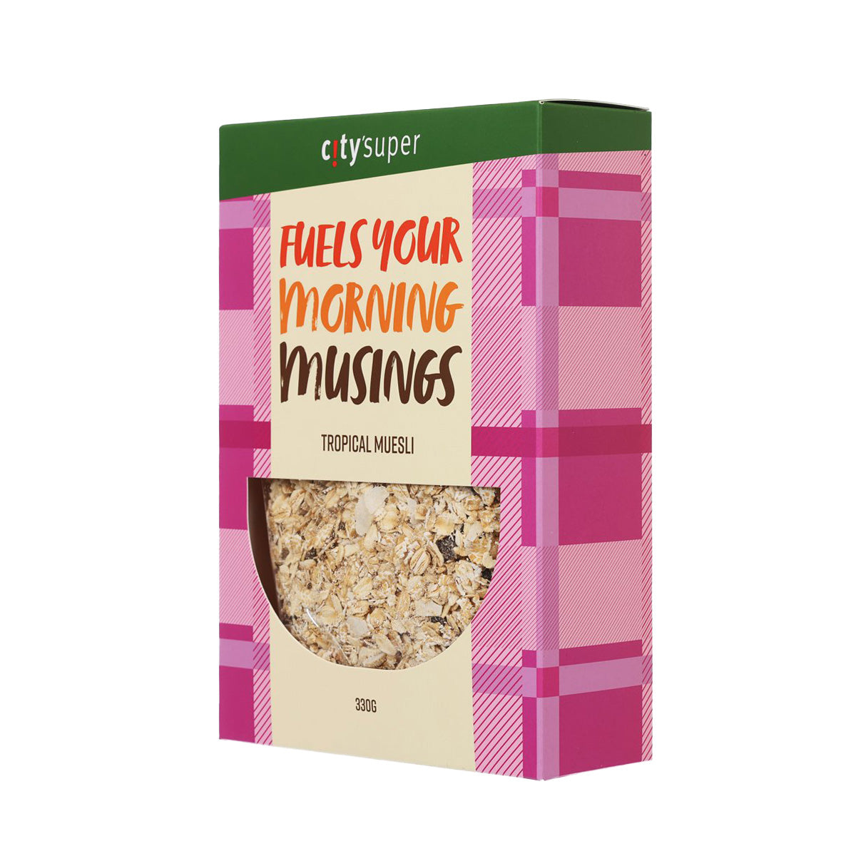 Tropical muesli cereal box, 330 g, side view with checkered pattern