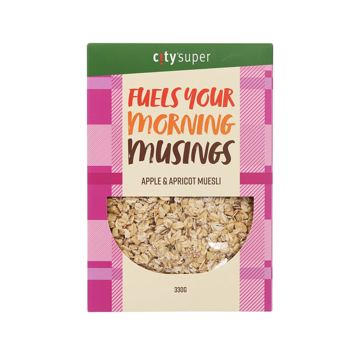 CITYSUPER Apple & Apricot muesli box, 330g, plaid design with grain window