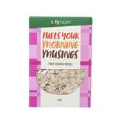 Fruit crunch muesli box, 330 g, front view with fruit-themed label