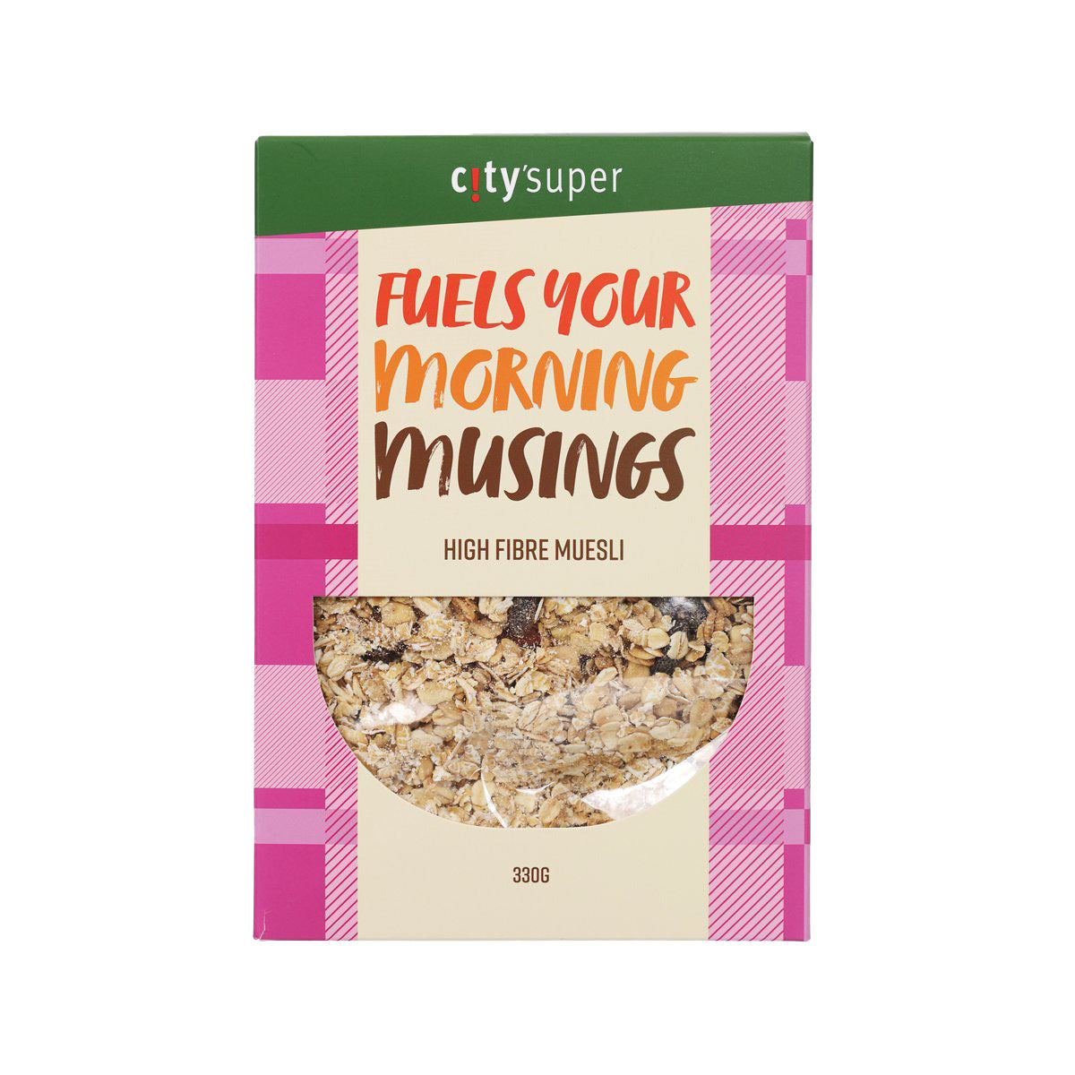 High fibre muesli cereal box with pink check design, green top, 330g