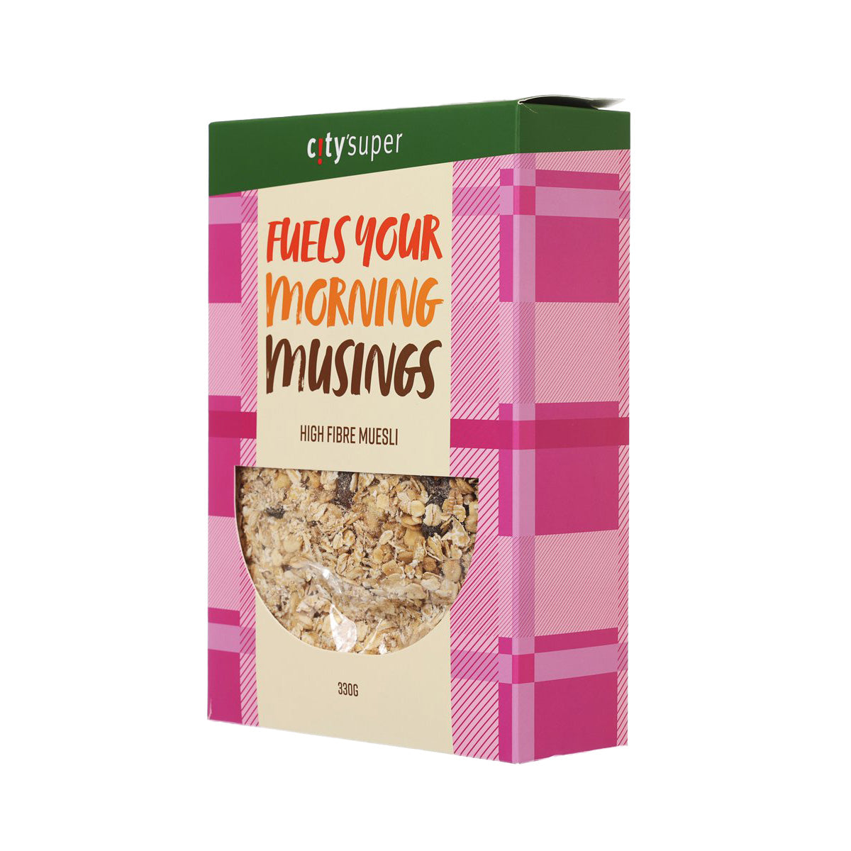 High fibre muesli cereal box side view, pink check pattern and green top