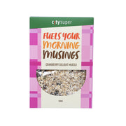 Cranberry muesli 330 g box front with check pattern and bowl window