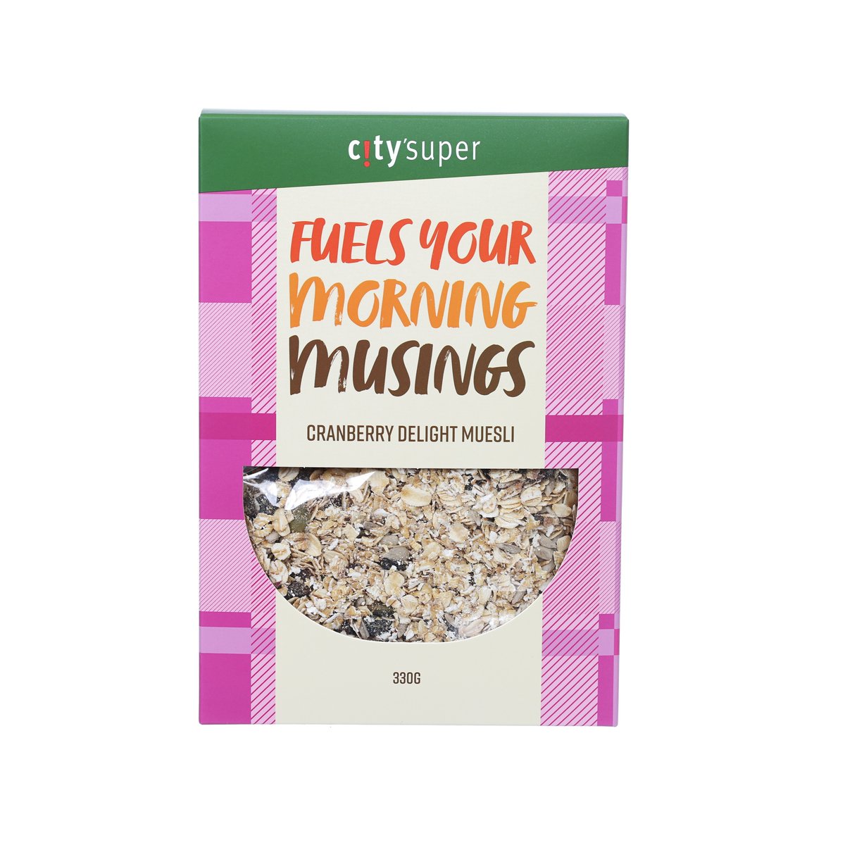 Cranberry muesli 330 g box front with check pattern and bowl window