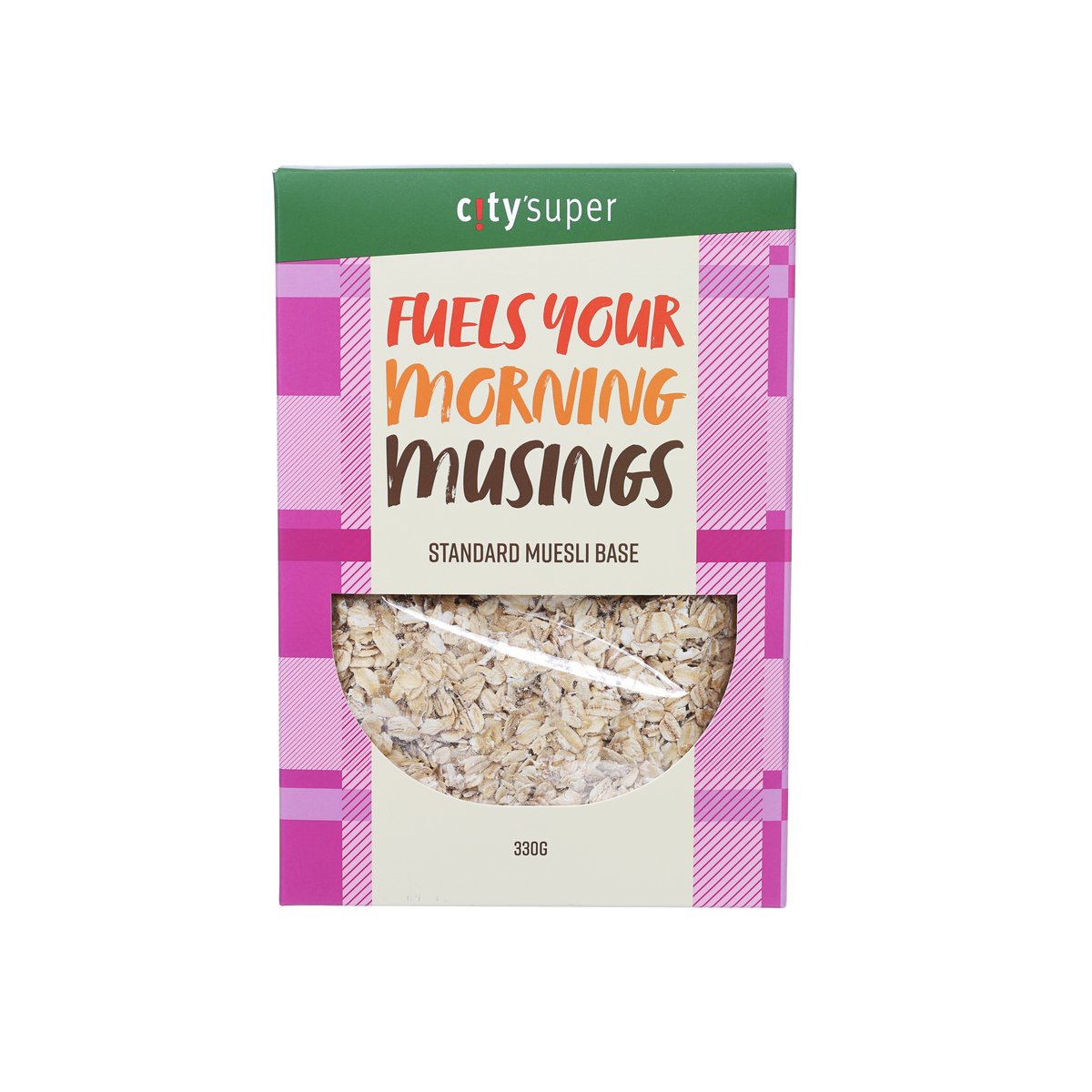 Muesli base cereal bag with pink check design, 330 g