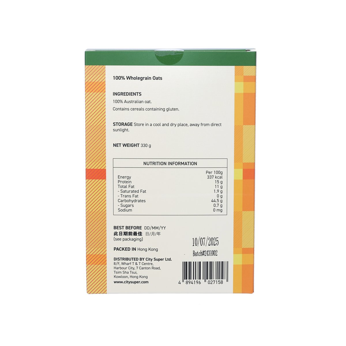 CITYSUPER fine oatmeal box back label with ingredients and nutrition table