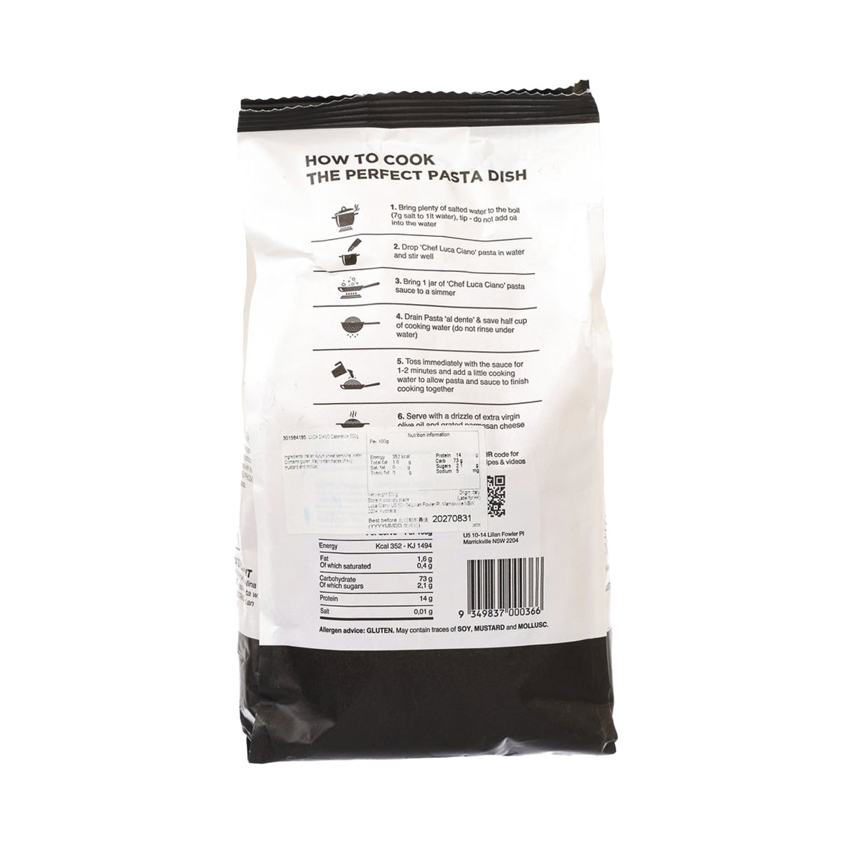 Artisanal caserecce pasta bag back with cooking instructions and nutrition details