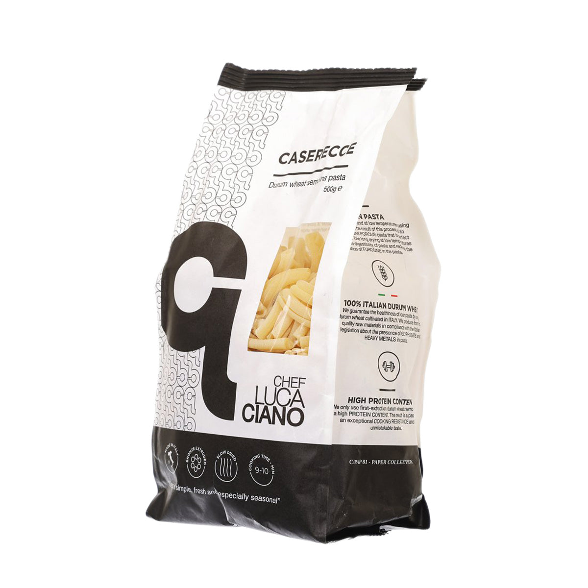 Artisanal caserecce pasta bag, durum wheat, 500 g, Chef LUCA CIANO branding