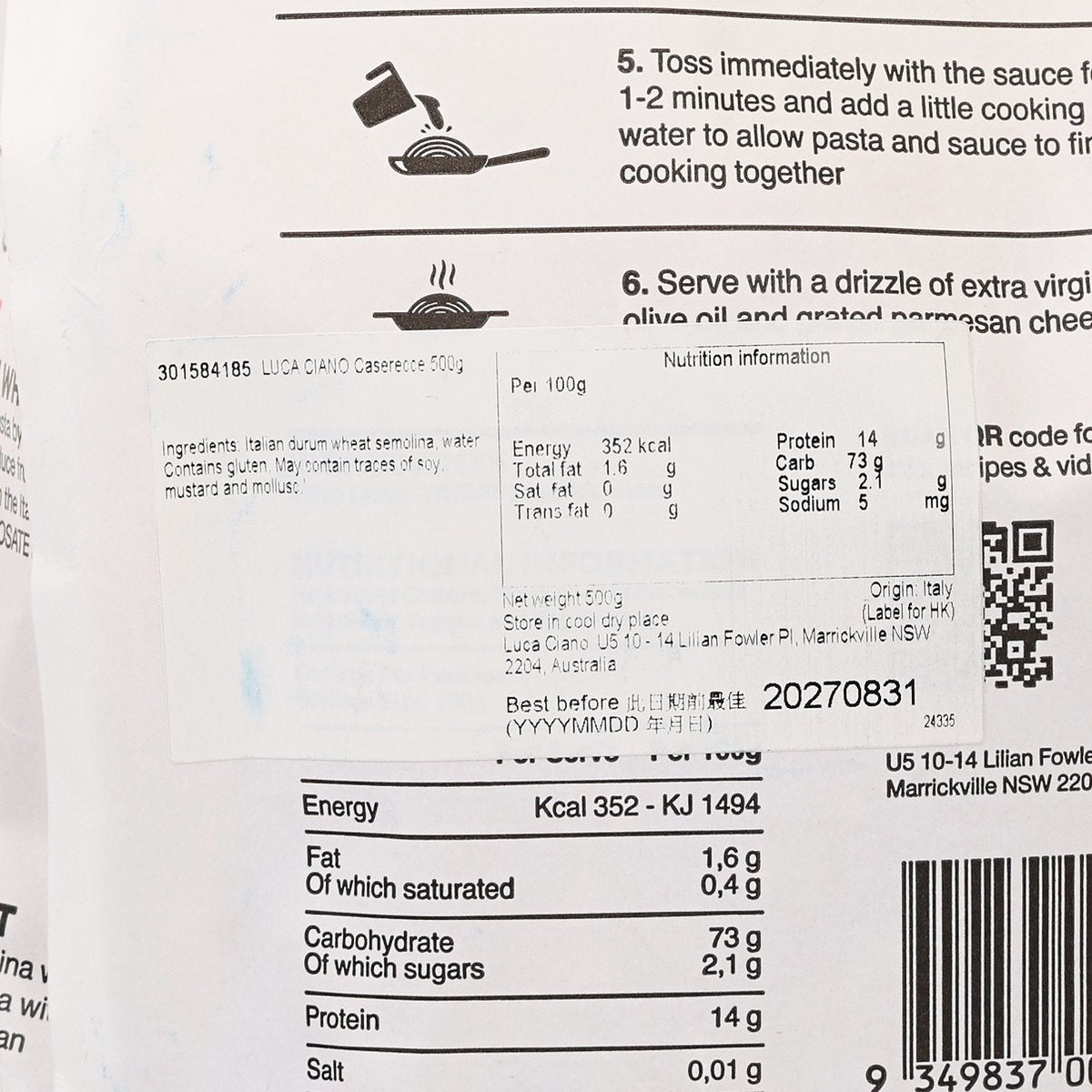 Caserecce pasta nutrition facts panel, protein, energy, and barcode on 500 g bag