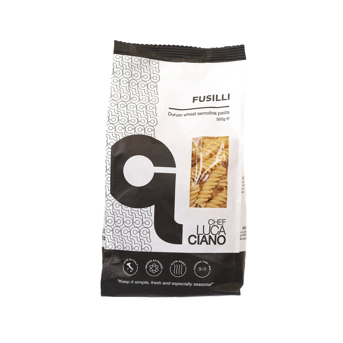 Fusilli pasta bag, white-and-black design with Chef Luca Ciano logo