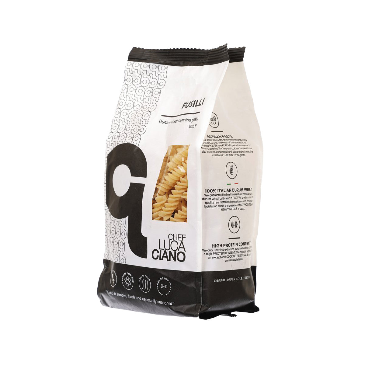 Fusilli pasta bag, front view with Chef Luca Ciano branding and icons
