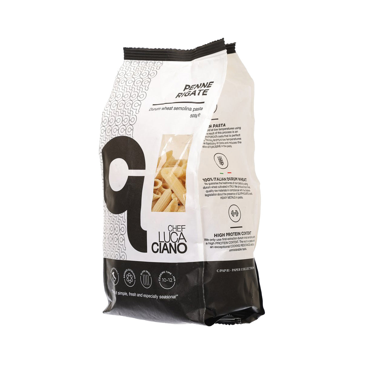 LUCA CIANO penne rigate pasta bag, nutrition and serving info panel visible