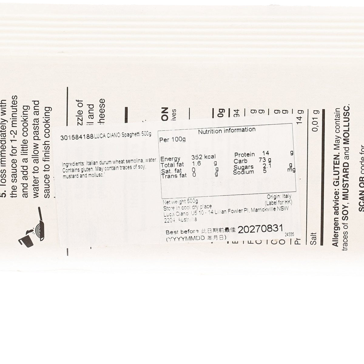 LUCA CIANO spaghetti nutrition facts panel on pasta package