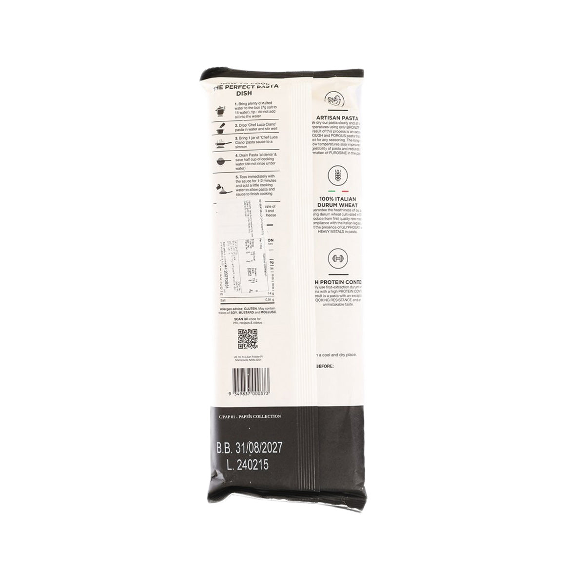 LUCA CIANO spaghetti pasta package, back label with nutrition info, 500g