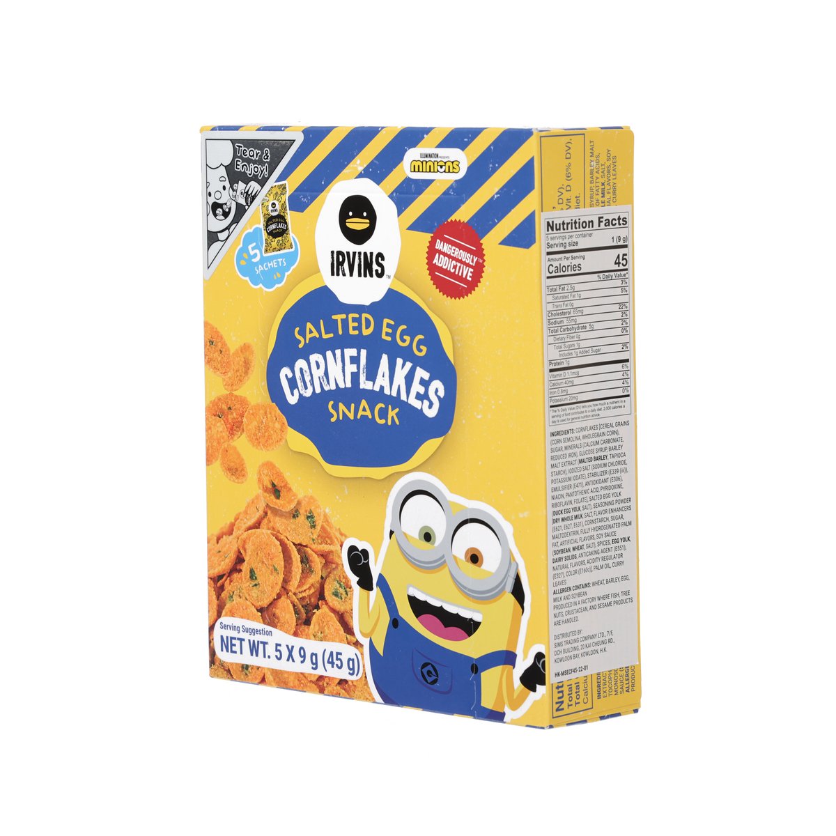 IRVINS salted egg cornflakes snack box side with nutrition facts panel