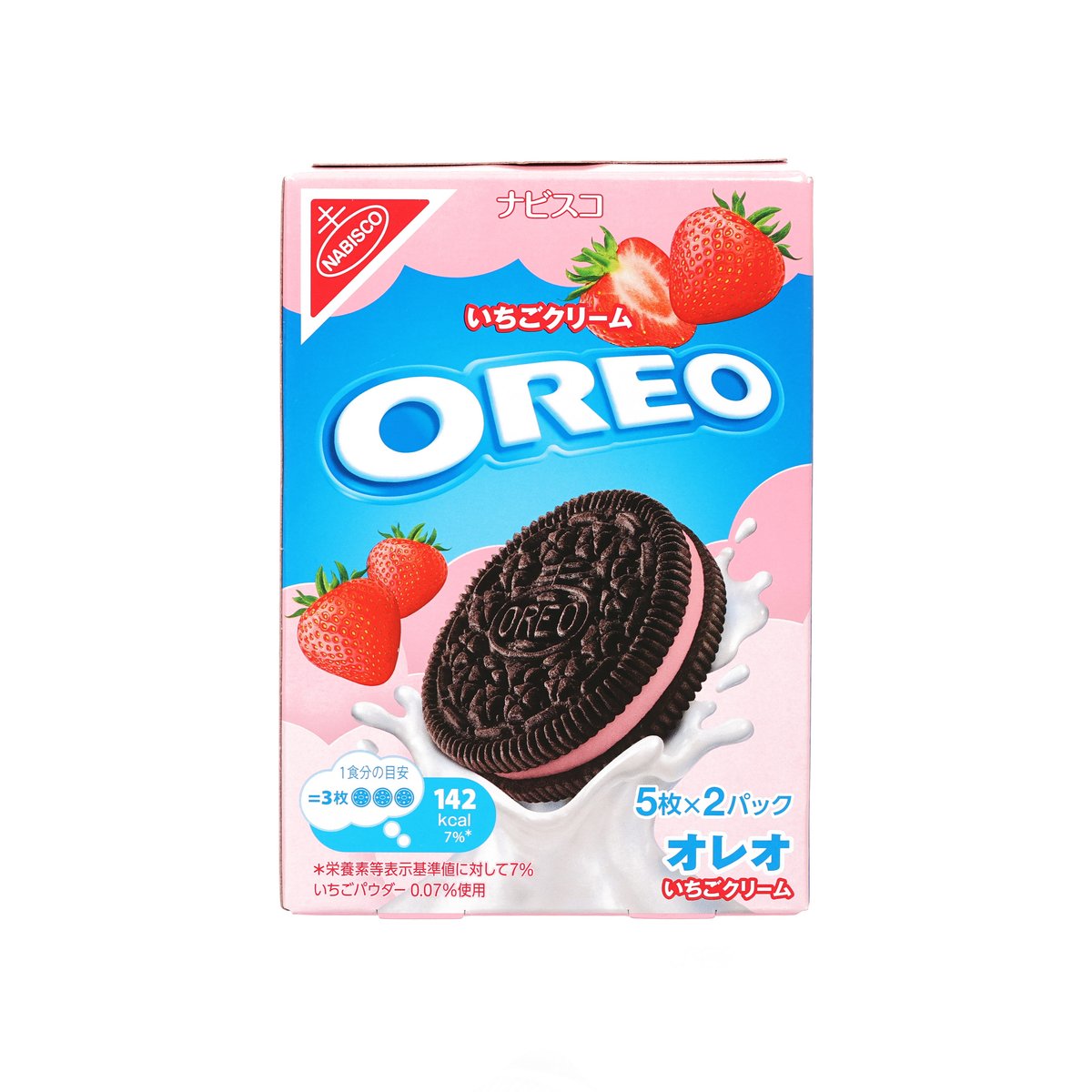Oreo strawberry cream sandwich biscuit box with cookie and cream graphics