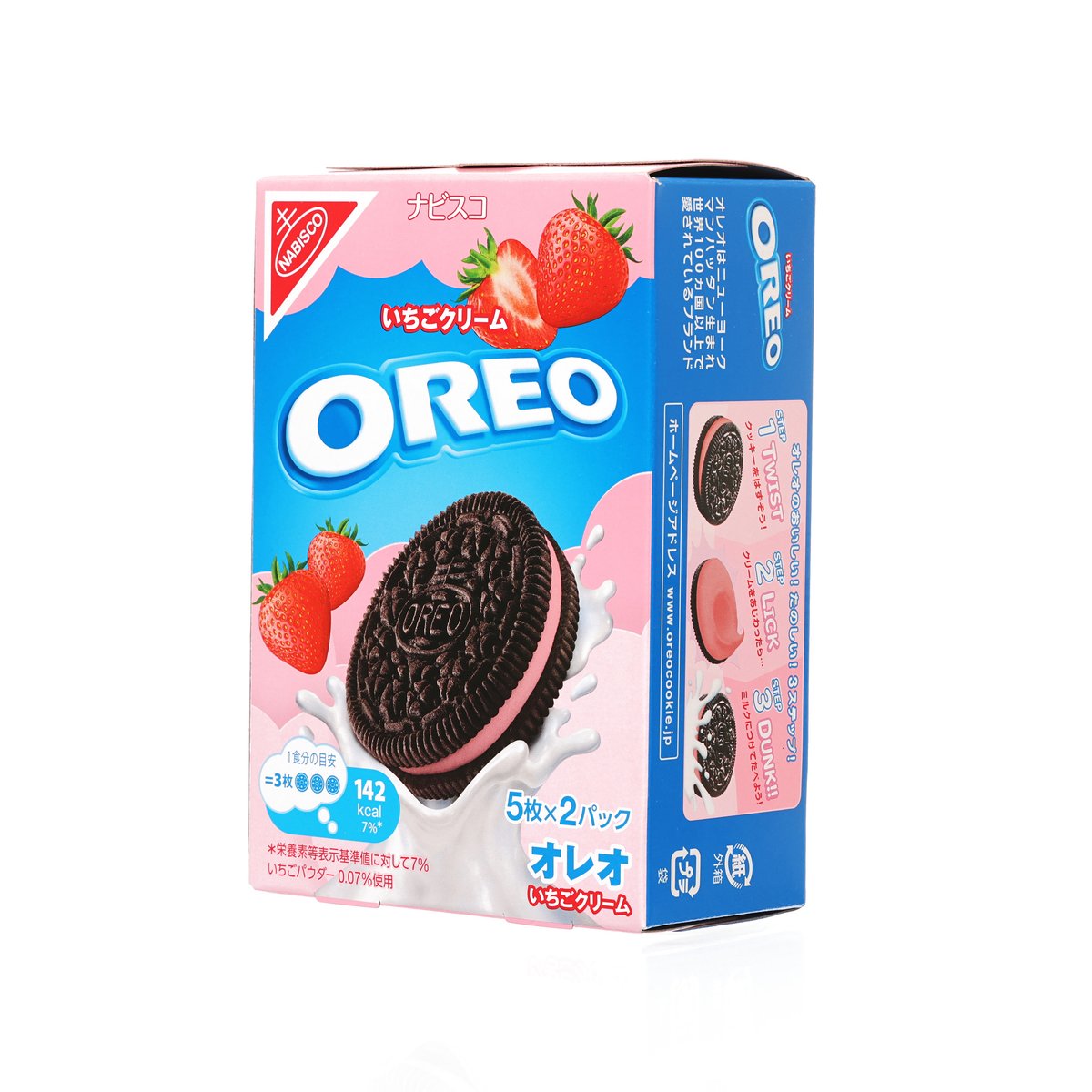 Oreo strawberry cream sandwich biscuit carton, front and side panel view