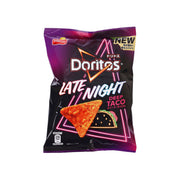 Doritos Late Night Taco tortilla chips bag, purple front with 55g weight
