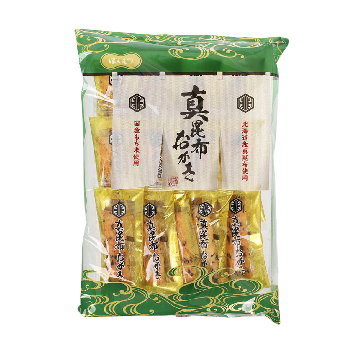Kelp rice cracker pouch with clear window showing cracker pieces