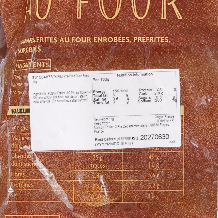 Pre-fried oven fries bag label with ingredients and nutrition facts