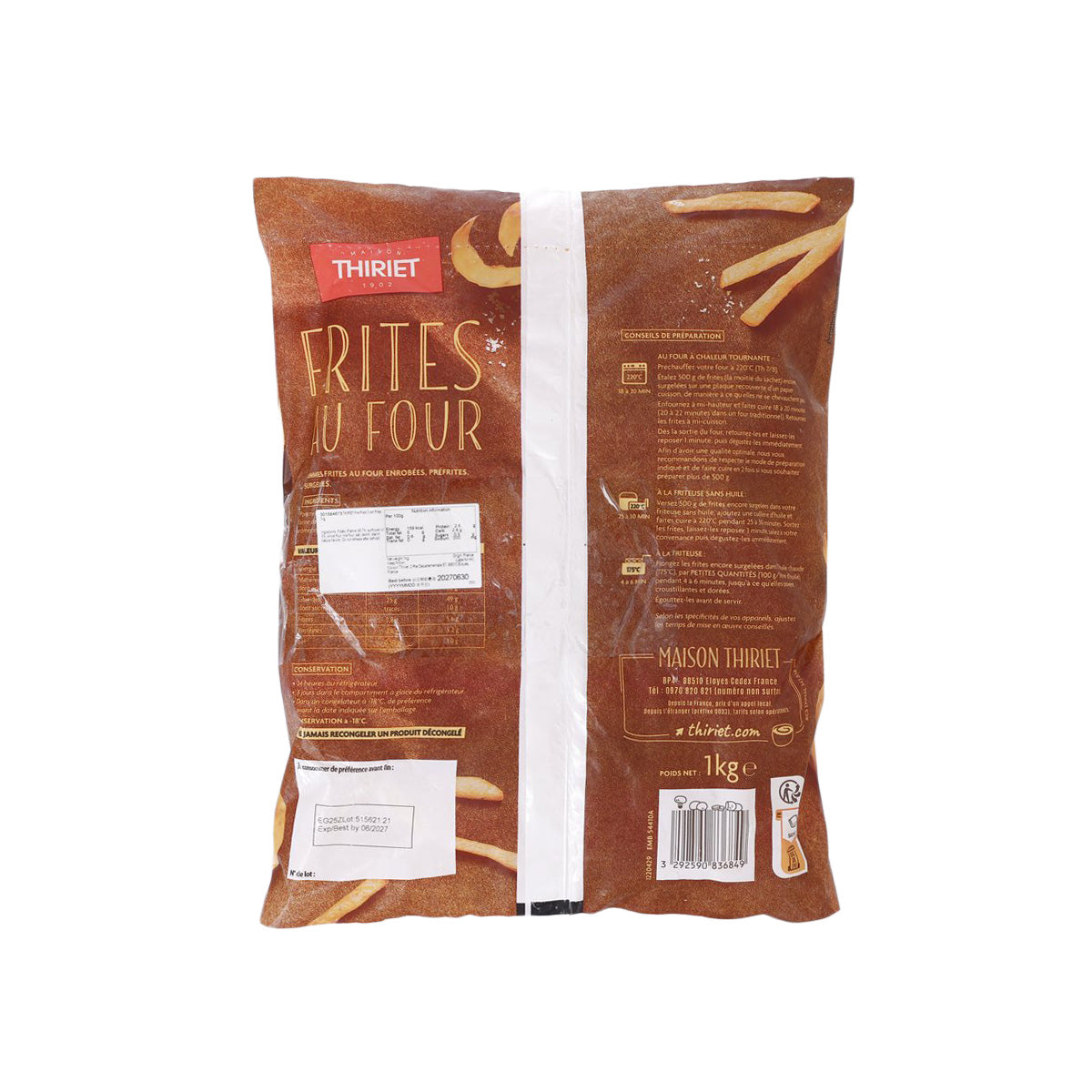 Pre-fried oven fries bag, 1kg, back with nutrition and barcode label