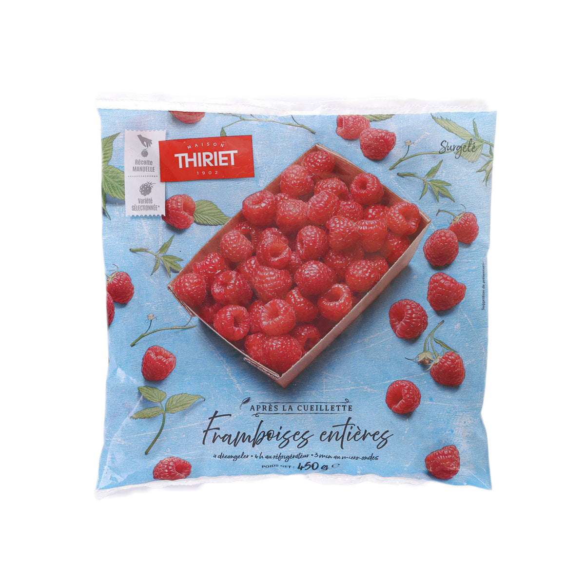 THIRIET whole raspberries bag, front view with red raspberries shown