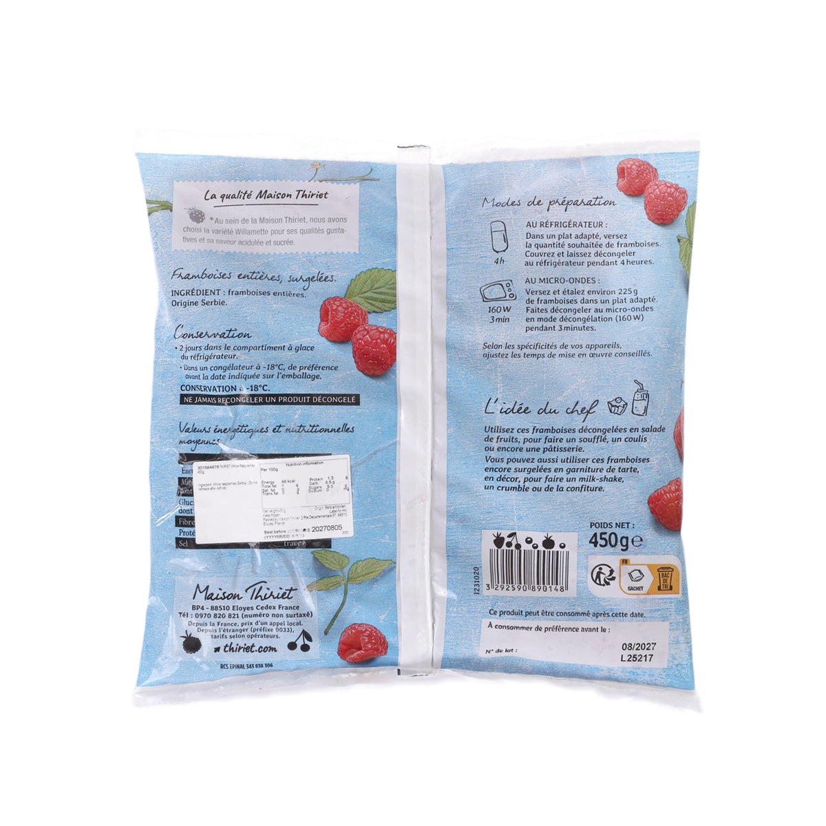 THIRIET whole raspberries bag, back panel with product details and 450 g