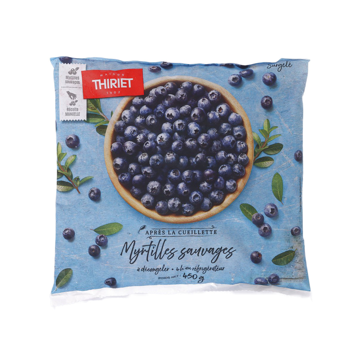 THIRIET blueberry pouch, blue bag with blueberry photo and 450g label