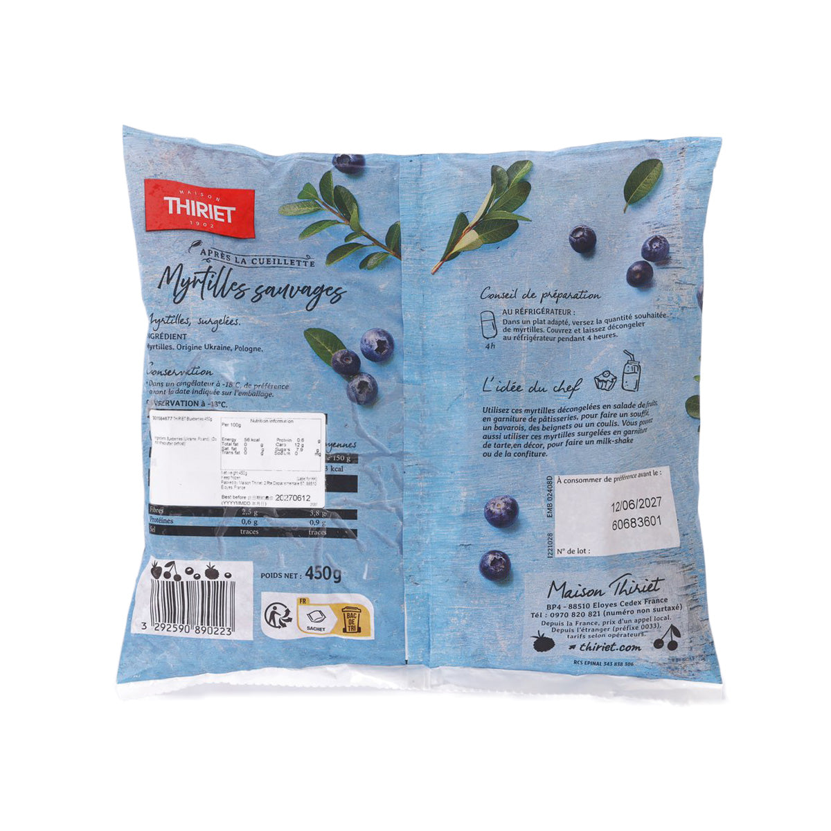 THIRIET frozen blueberry pouch, back side with ingredient text, barcode, and 450g