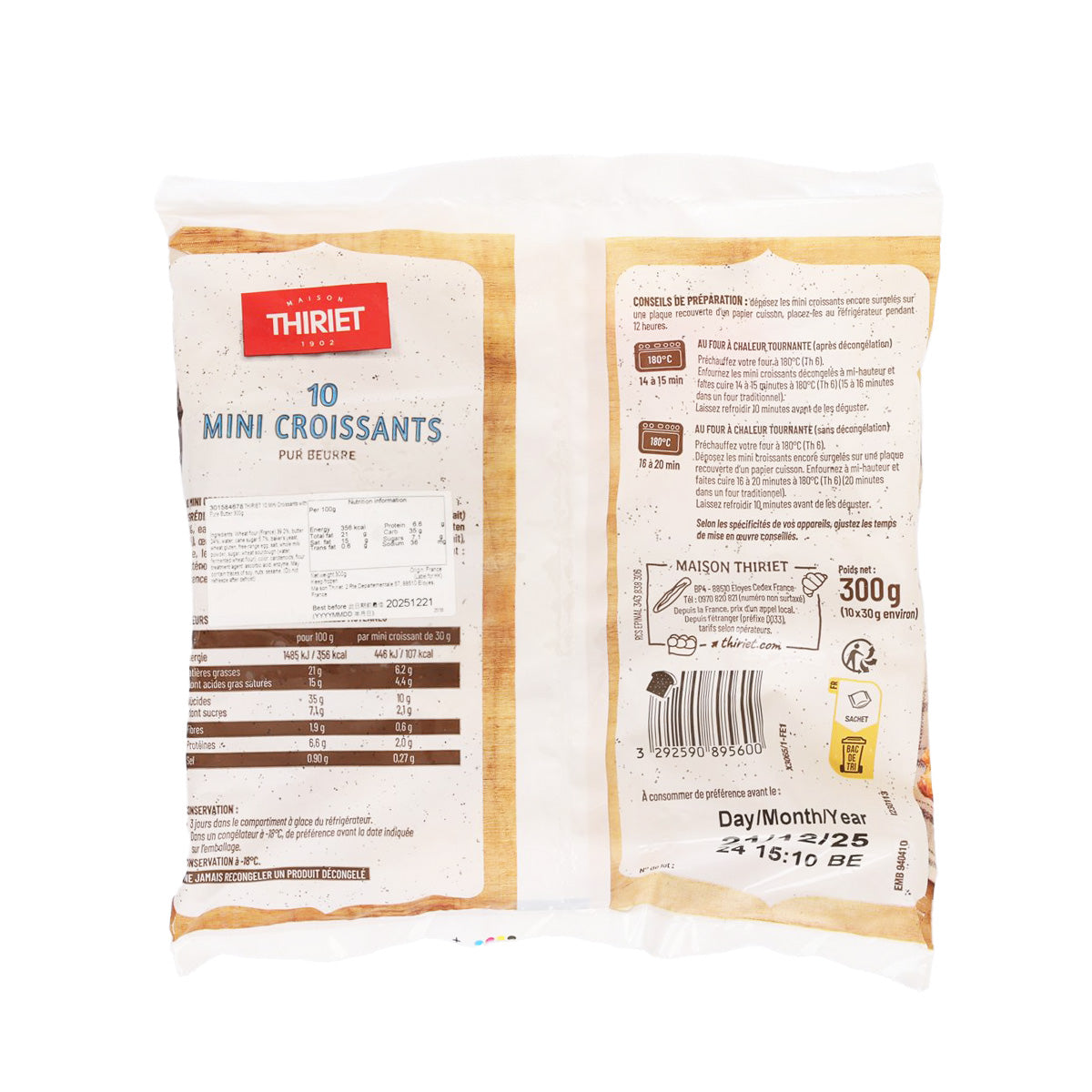 THIRIET mini croissants pure butter 300g bag, back panel view
