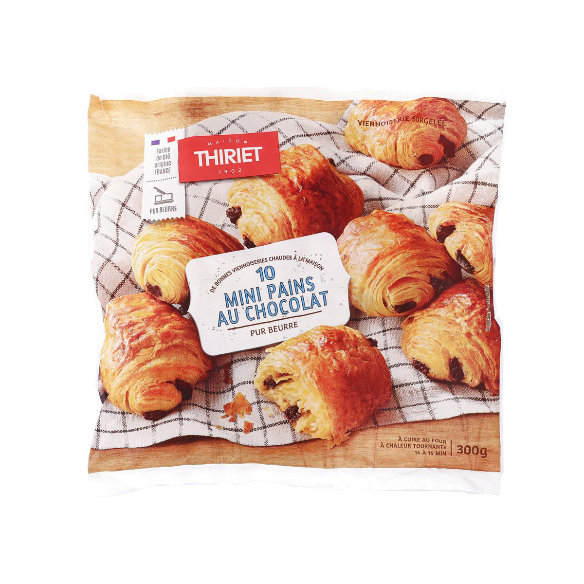 THIRIET mini pains au chocolat bag, 300g, front view with chocolate pastry croissants