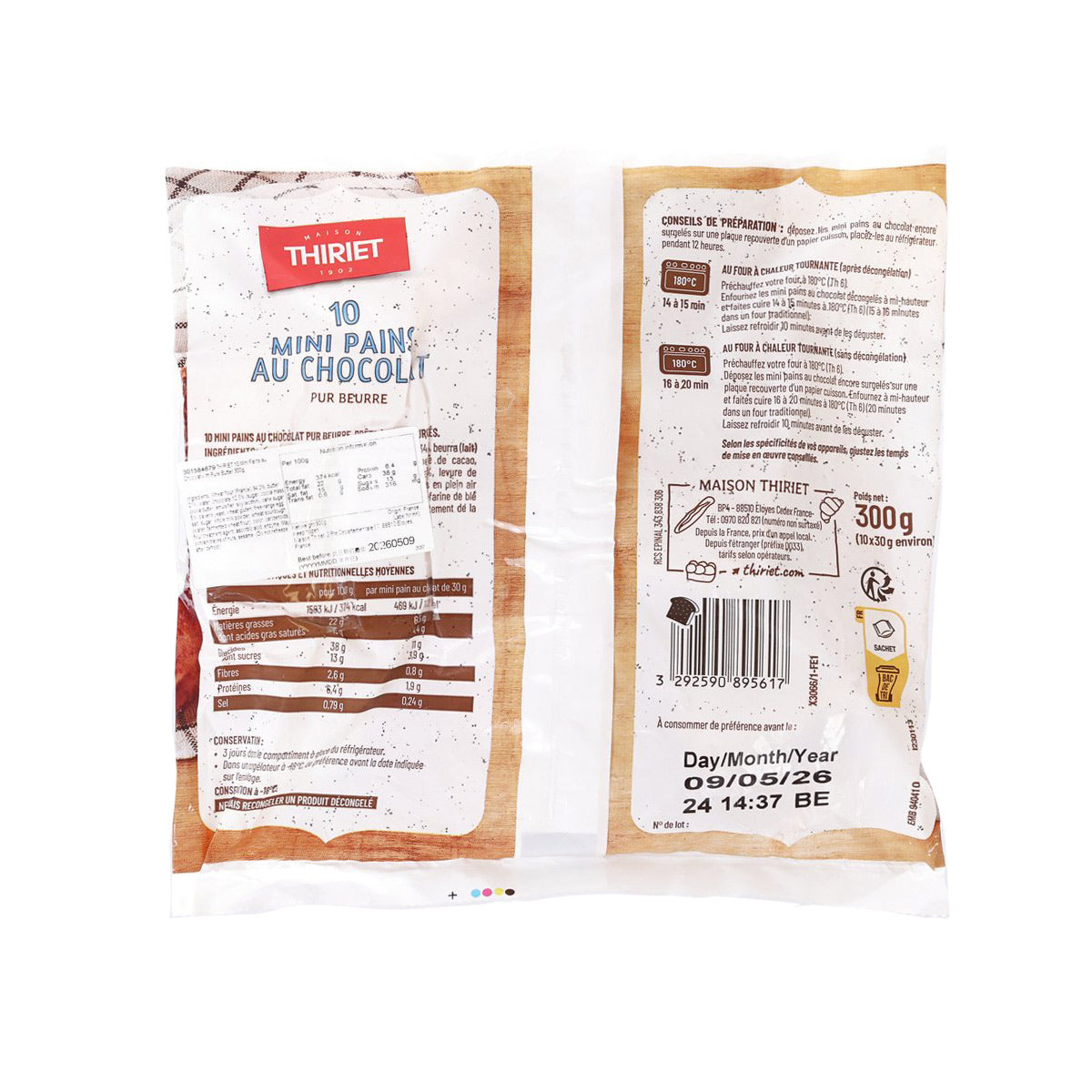 THIRIET mini pains au chocolat bag back, 300g, ingredient and nutrition label