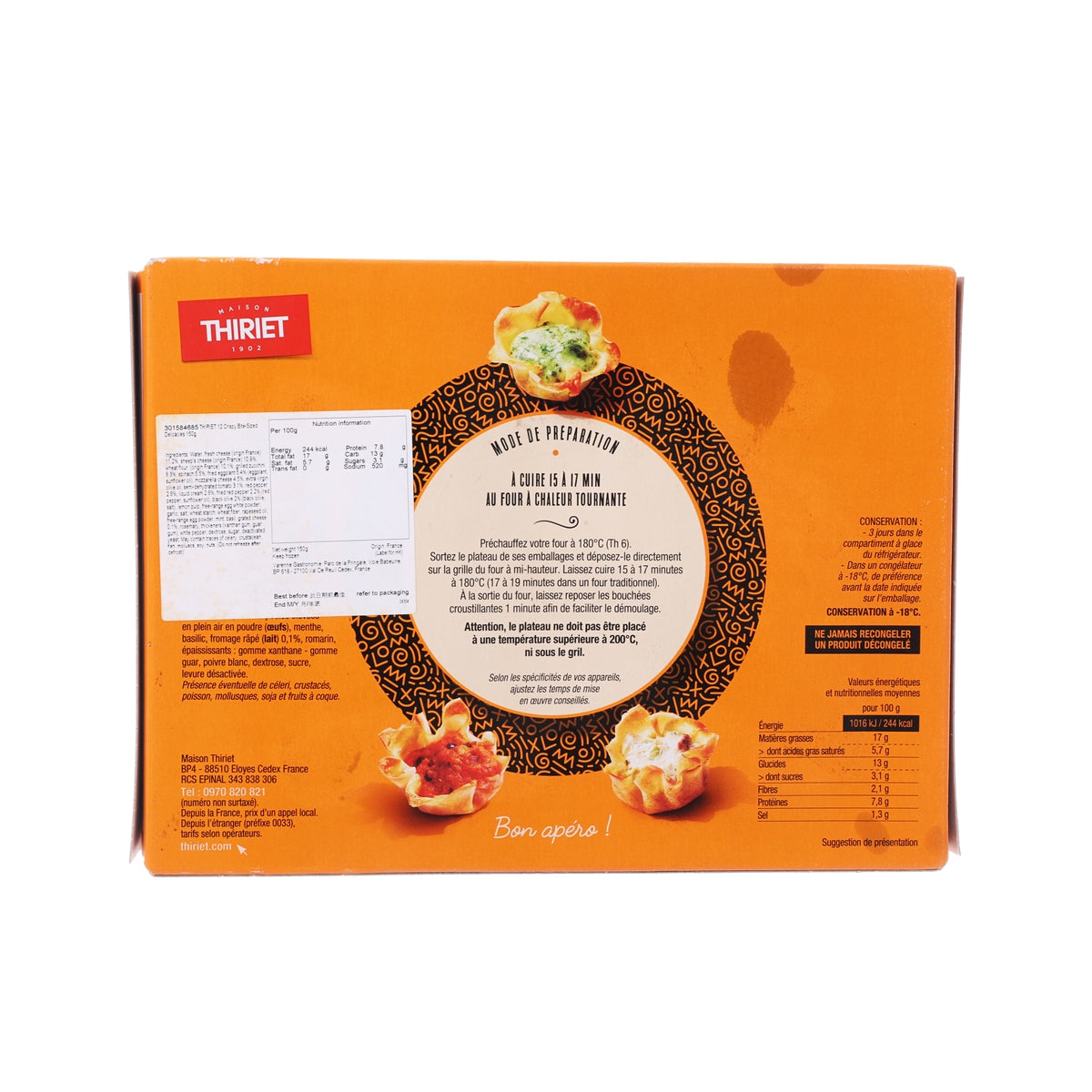 THIRIET 12 crispy bite-sized appetizer box, back side with ingredient text