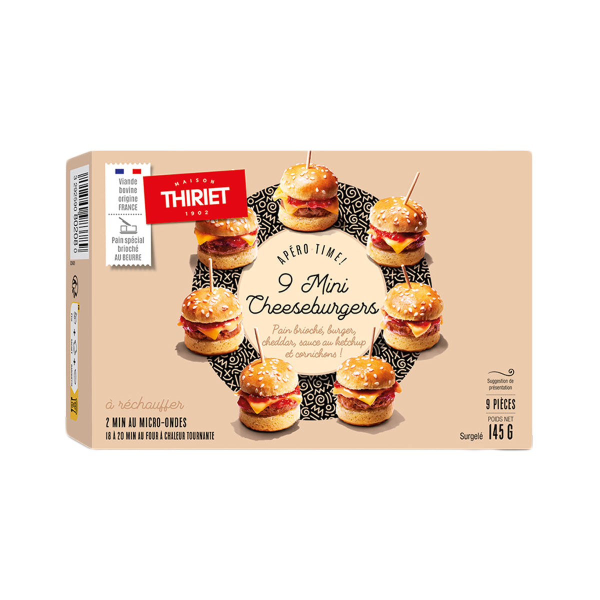 THIRIET 9 Mini Cheeseburgers 145g frozen snack box with pictured mini burgers