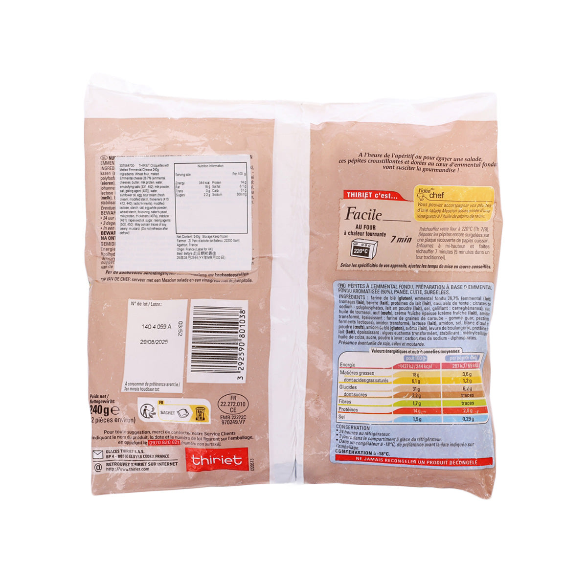 THIRIET frozen croquettes bag, back panel with product details, 240 g