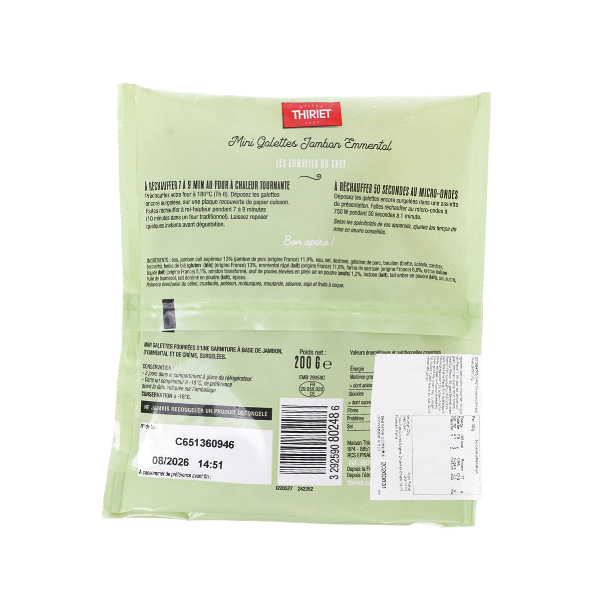 THIRIET ham and Emmental mini galettes back label, net weight 200g