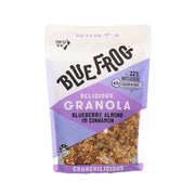 BLUEFROG blueberry, almond & cinnamon granola pouch with purple branding