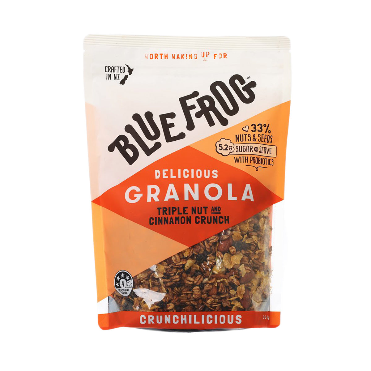 BLUEFROG triple nut and cinnamon crunch granola pouch, front view