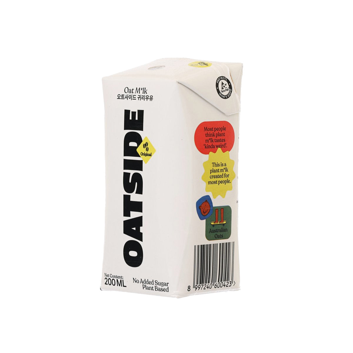 Plant-based oat milk carton, 200 mL, back panel with claims and barcode