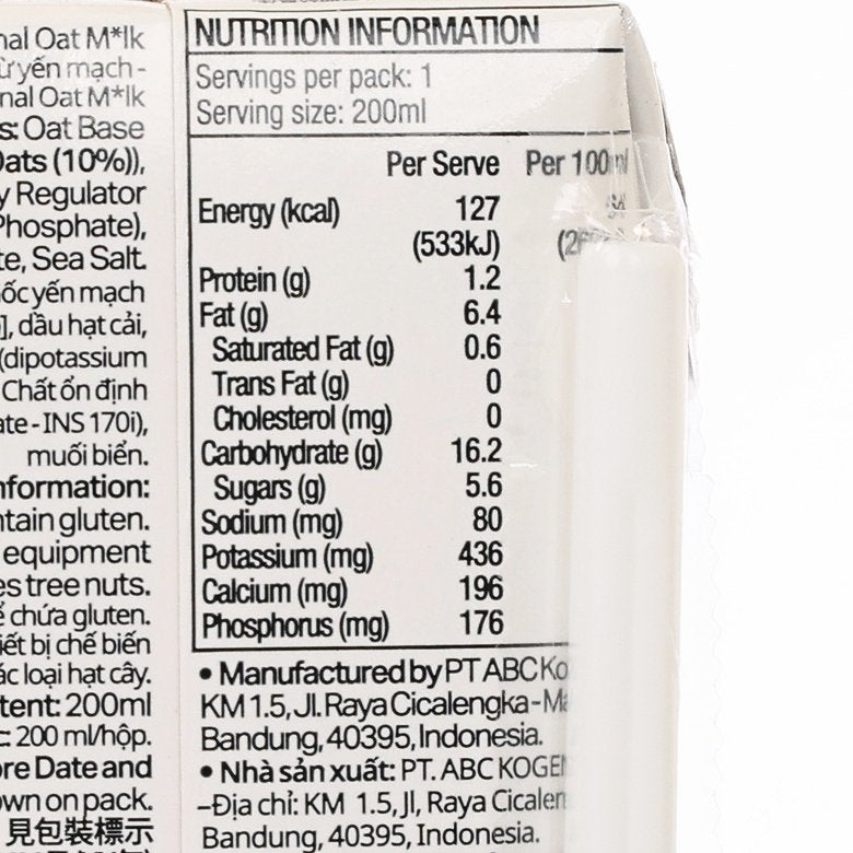 Nutrition facts for oat milk: 200 ml serving, 127 kcal per serve
