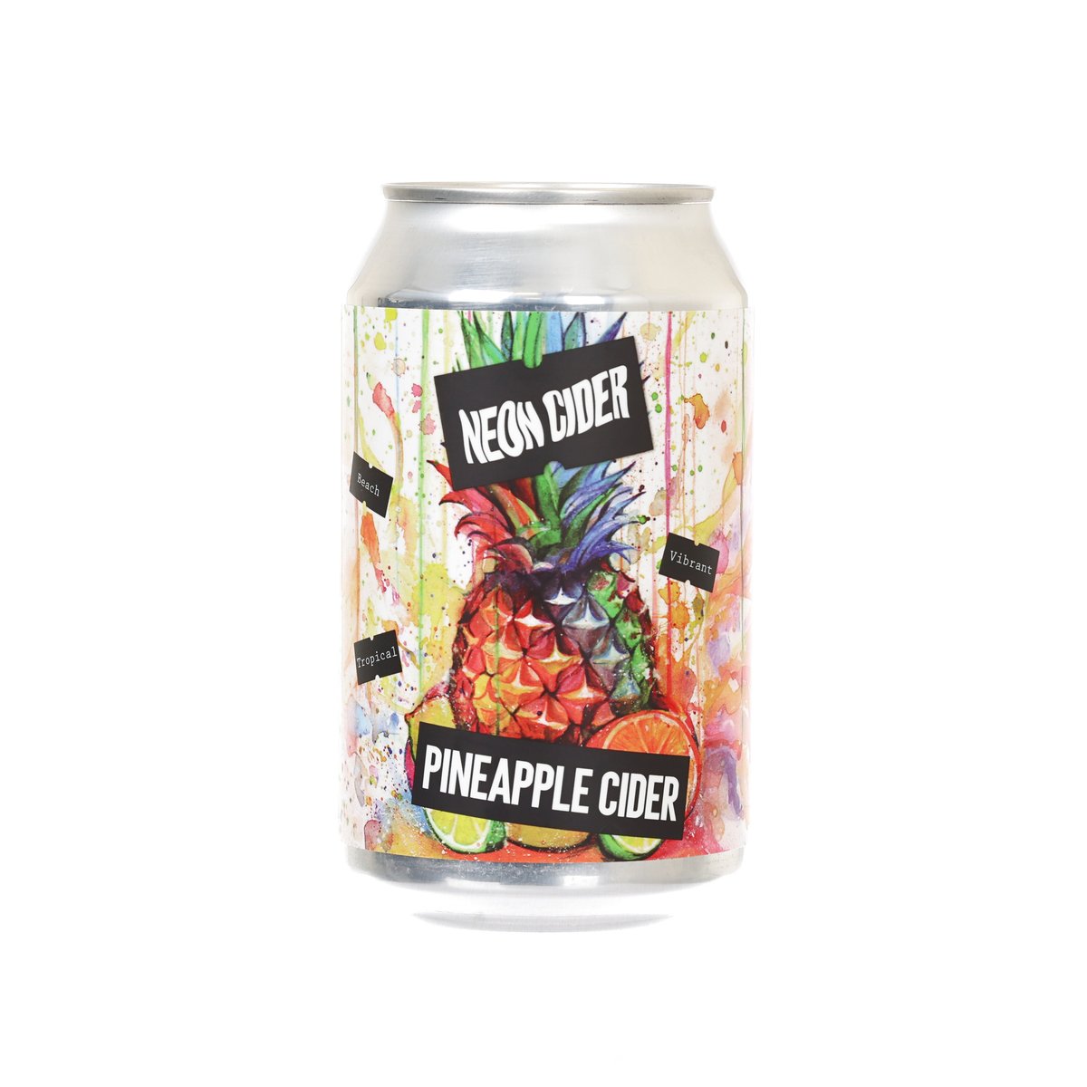 Pineapple cider can with NEON CIDER branding and colorful pineapple artwork