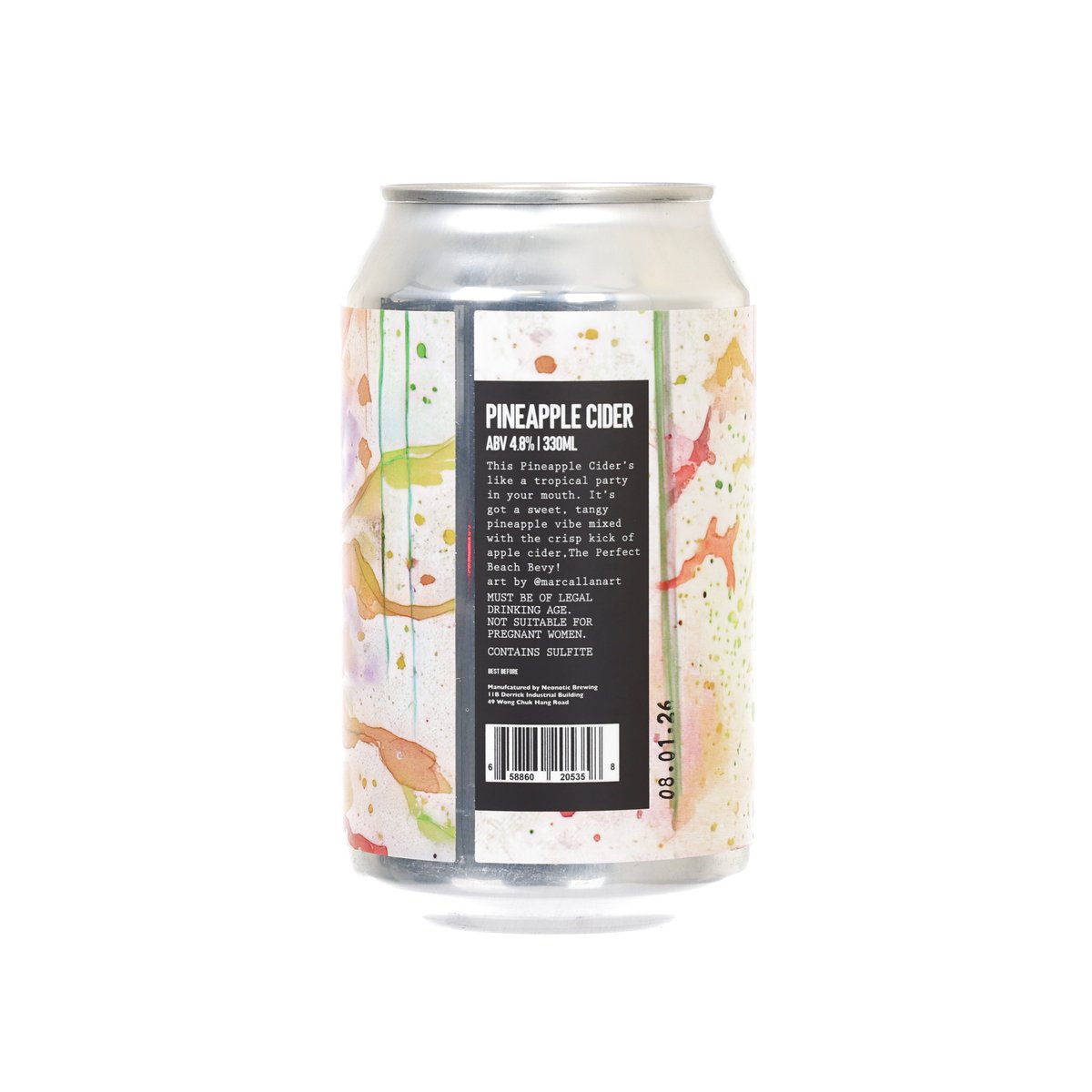 Pineapple cider can back label with barcode and nutrition text