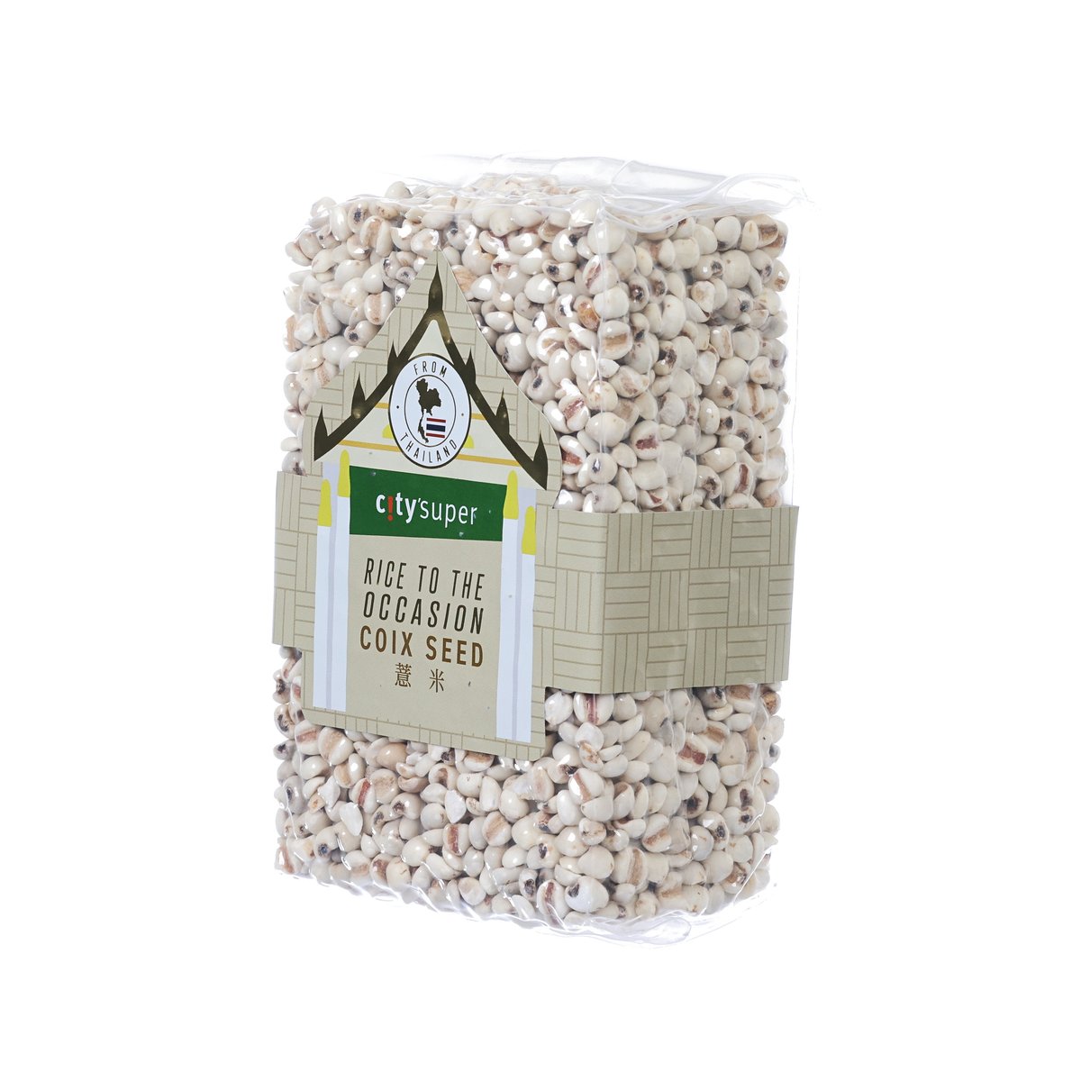 Coix seed pouch, 400g with label and mixed pale kernels visible.