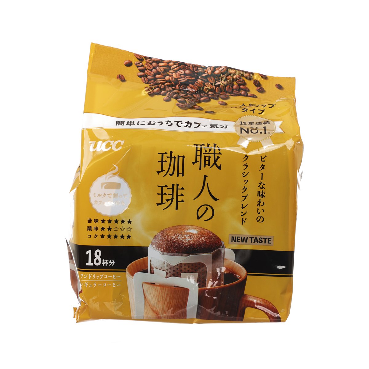 Yellow drip coffee bag with UCC logo, cup illustration, and No.1 label