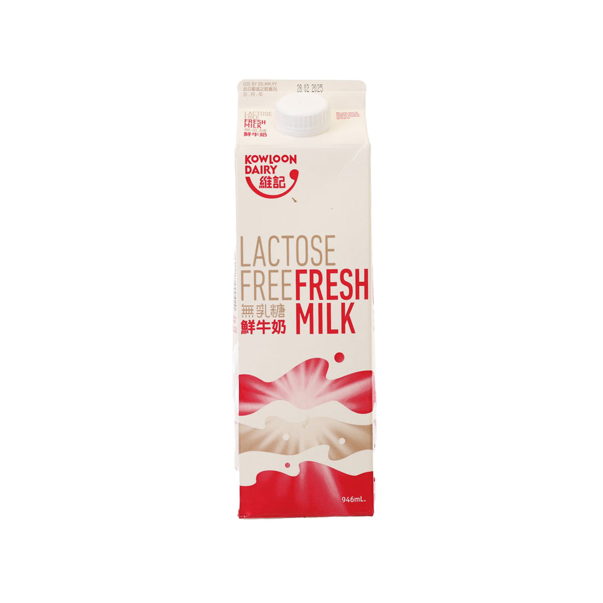 946 mL lactose-free fresh milk carton, white with red accents, screw cap top